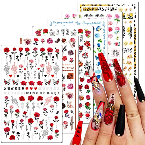6 Sheets Flower Nail Art Stickers 3D Blue Pink Red Rose Nail Decals Spring Summer Nail Art Supplies Leopard Snake Leaf Butterfly Floral Nail Designs Supply Nail Stickers for Acrylic Nails Decor