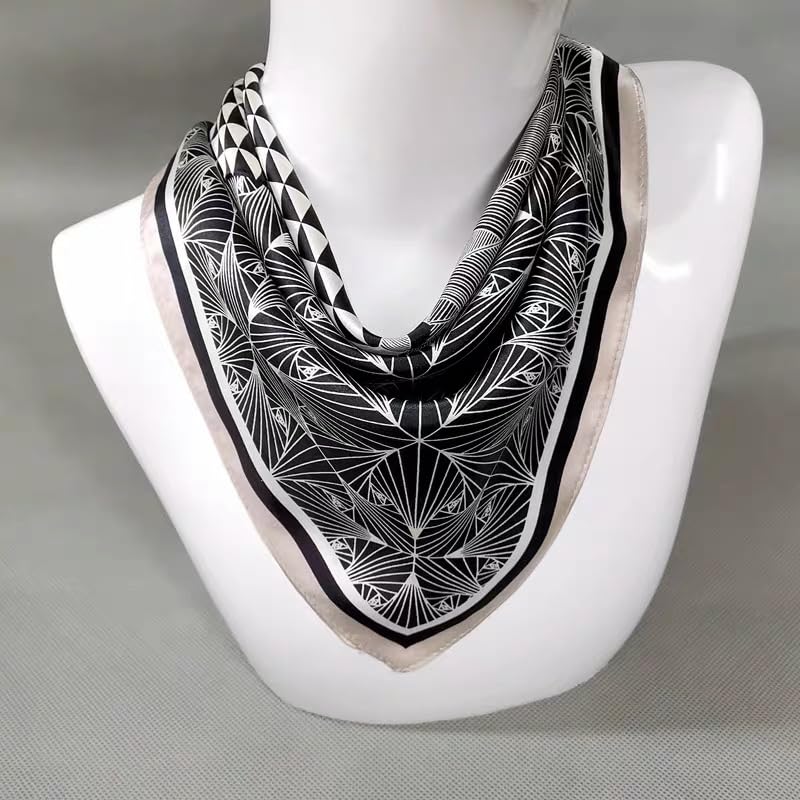 ANDANTINO 100% Mulberry Silk Scarf -21” Square Neckerchief with Gift Packed - color: Geometry - Black&creamy