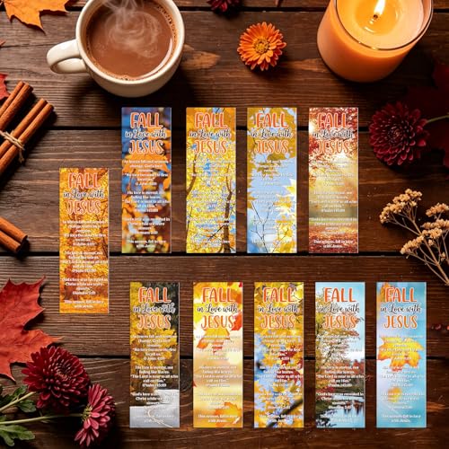 Fall Christian Bookmarks Gifts - 200 Pcs Fall in Love with Jesus Bookmark Paper Thanksgiving Religious Page Book Marks Gift for Women Men Autumn Harvest Sunday School Church Party Favors - color: Fall Christian