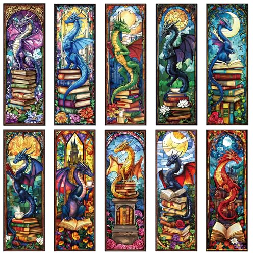 Wxiben 10 Pcs Dragon Stained Glass Transparent Bookmarks for Book Lovers - style: Dragon Stained Glass