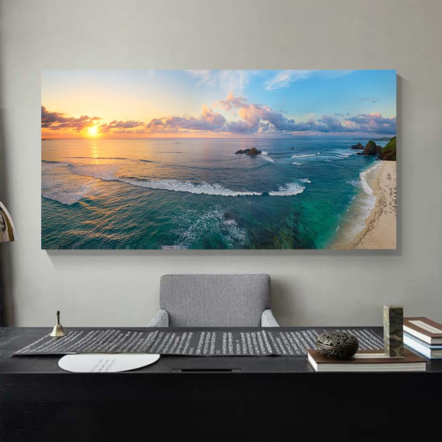 Yxbhhym Large Wall Art for Bedroom Living Room Wall Decor Sunset Beach Pictures Coastal Poster Ocean Painting Room Decor Office Artwork Seascape Prints Framed Modern Bathroom Home Decorations - color: AcoatL, size: 60"L x 30"W