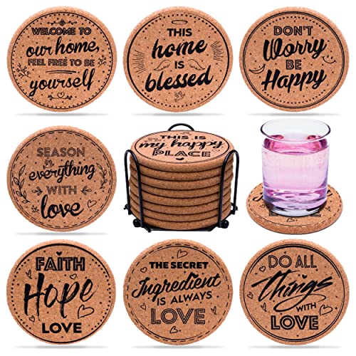 Cork Coasters for Drinks Absorbent with Holder - Cute & Funny Set of 8 Large Round Outdoor Cup Wooden Table Protection, Coffee Trivet, Cups and Mugs Cool Drink Coaster Gift