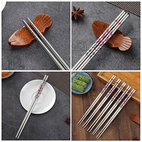 Stainless Steel Chopsticks, Metal Chopsticks, Reusable Non-slip Design Chop Sticks, 5 Pairs Gift Set,Plum Pattern Design - color: Wintersweet
