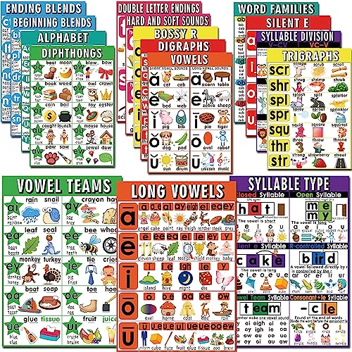16 English Phonics Posters Language Arts Charts for Kids Toddler Learning Vowels Posters, Phonics Poster for Classroom, Digraphs and Blends Poster, Sound Wall Phonics Chart, Boho Classroom