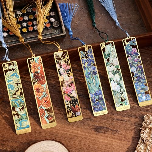 icceemee 12 Pieces of Gold Hollow Bookmarks with Tassels, Featuring Van Gogh and Monet Oil Painting Themes Perfect for Book Lovers, Writers, Readers, Children, Teenagers, Men, Women, and Adults - style: Oil Painting Themes 12