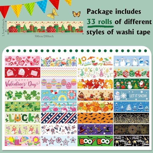 TaoBary 33 Rolls Washi Tape Set, 15mm Holiday Seasonal,Festive Style - style: Festive Style