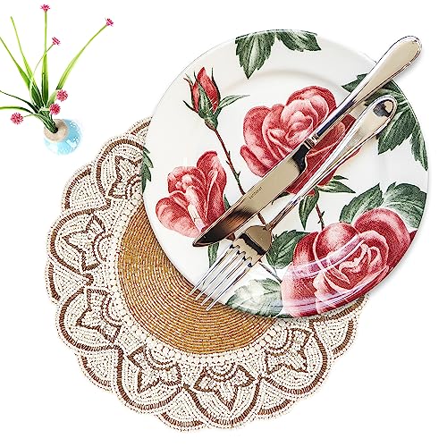 Hand Beaded Table Mats 13 Inch Round Charger Plate - Elegant Glass Beaded Placematss for Dining Table, Coffee Table, Kitchen Décor, Holiday, Wedding & Special Events (Gold Ivory) - ALPHA Living HOME - color: Gold Ivory, size: Set of 1
