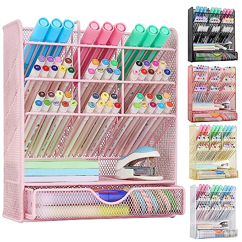 Spacrea Pen Holder Desk Organizer - Desk Organizers and Accessories, Pencil Holder with 10 Compartments and 1 Drawer（Pink）