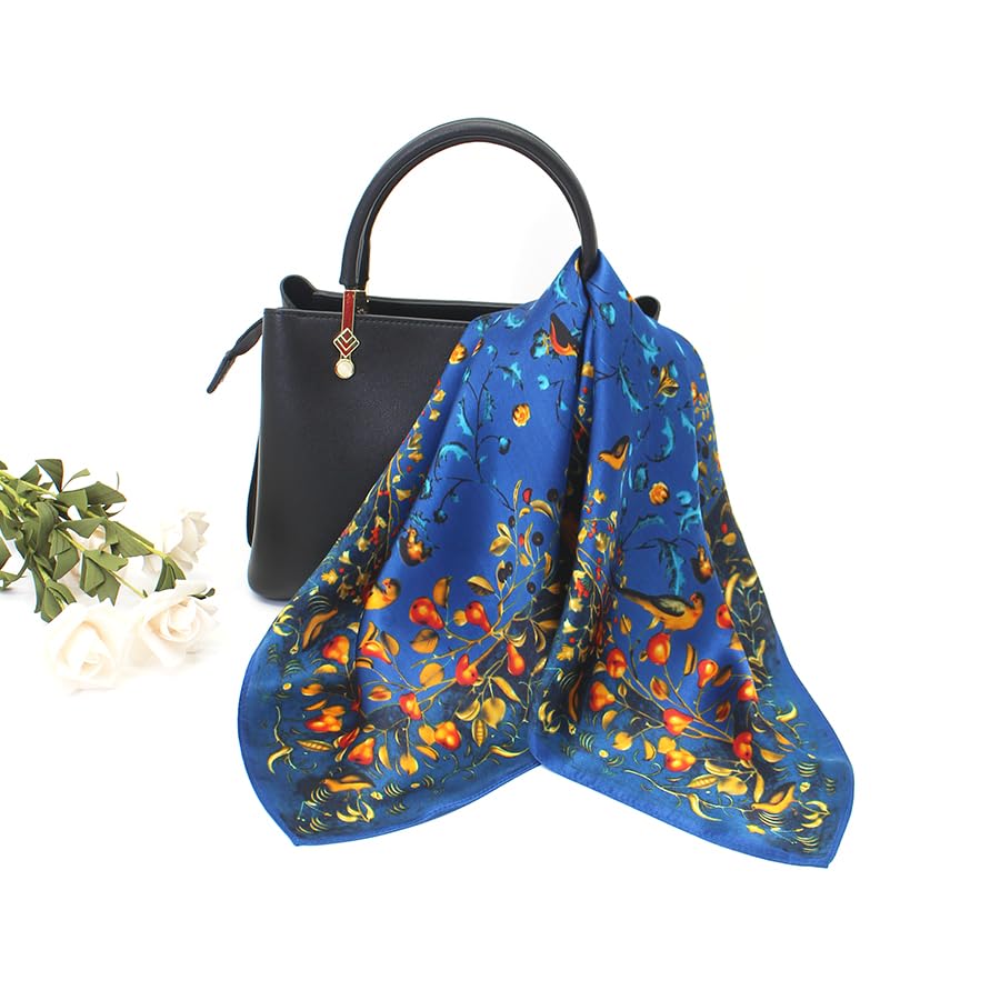 ANDANTINO 100% Mulberry Silk Scarf -21” Square Neckerchief with Gift Packed - color: Gold&royal Blue