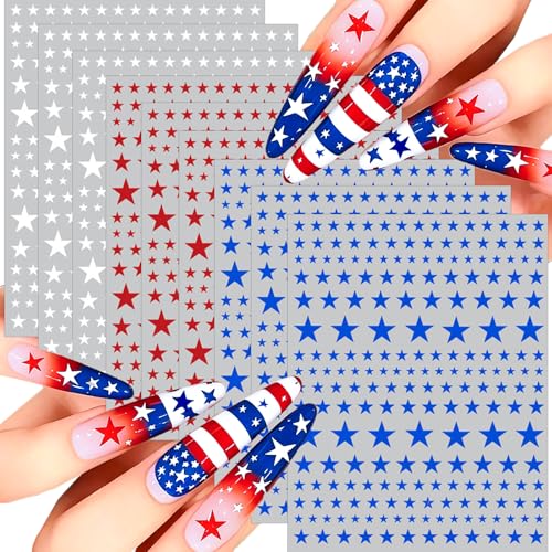 9 Sheets 4th of July Nail Stickers, Patriotic Red White and Blue Star Nail Decals Self-Adhesive Star Nails Stickers for Independence Day Memoria Day DIY Manicure Decorations for Women