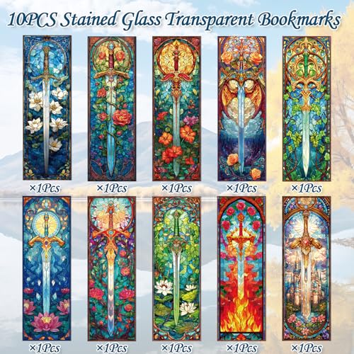Sword Stained Glass Transparent Bookmark - Wxiben 10 Pcs Cool Sword Transparent PVC Bookmark Fantastic Floral Book Mark Page Clips Gifts for Women Men Book Lovers Teacher Student Bookish Readers - style: Sword Stained Glass