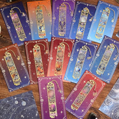 12 PCS Zodiac Theme Metal Bookmark for Women, Gold Hollow Astrology Bookmarks Set Funny Book Mark for Girls, Teenage, Student, Readers, Men, Horoscope Themed Gifts for Book Lovers, Birthday Present - style: 12Pcs Zodiac