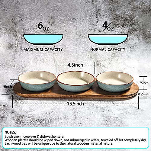 Artena 6oz Turquoise Solid Ceramic Chips and Dip Serving Platter with Acacia Wooden Tray, 4.5inch Glazing Small Serving Bowls/Dipping Dishes for Condiments,Side Dishes, Dipping, Pre, Dessert, Salsa - color: Blue, size: 4.5 inch