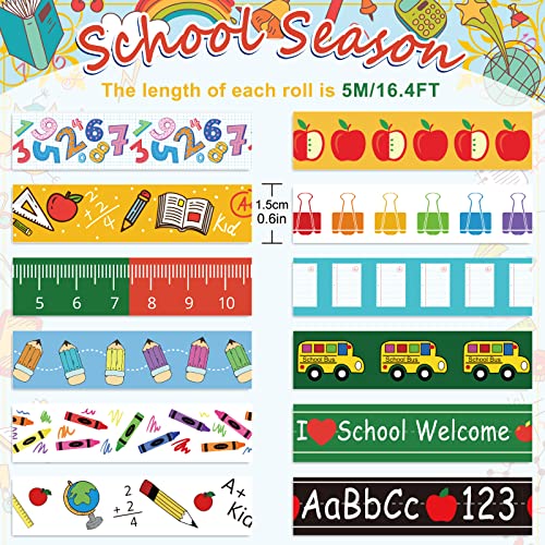 Whaline 12 Rolls Back to School Washi Tape Colorful Welcome Back to School Washi Masking Tape School Bus Ruler Crayon Decorative Paper Stickers for Scrapbook Gift Wrapping DIY Art Crafts - style: Style 1