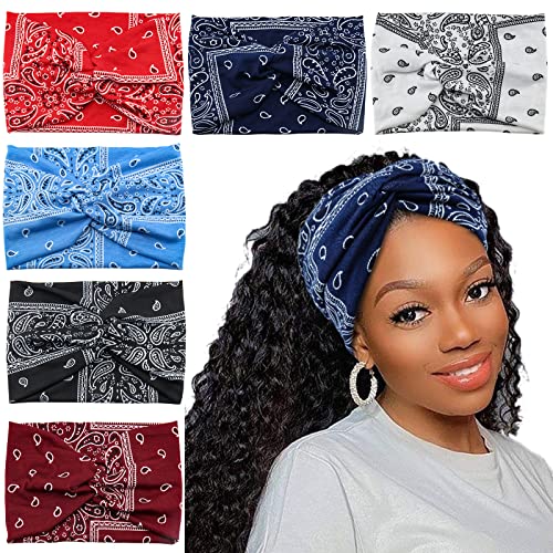 Wide Bandana Headbands for Women Twist Boho Headband Stretchy Turban Head band Head Wraps Yoga Workout Head Bands For Women's Hair,Pack of 6 - color: Bandana