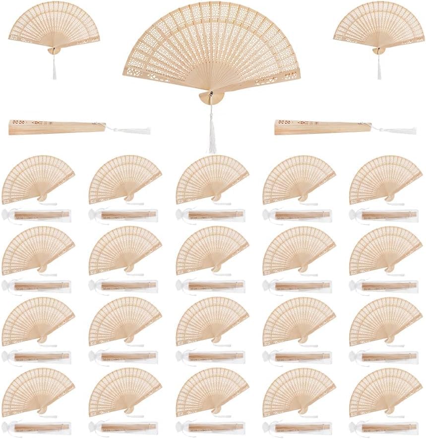 ZOOFOX 25 Pieces Sandalwood Fans, Wooden Handheld Folding Fan with Tassels and Present Bags, Vintage Hand Fan for Wedding Favors, Dancing Party, Baby Shower, Birthday Party Supplies