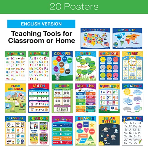 Global Printed Products, 20 Large Educational Posters For Kids (16.5x12 Double Sided English/Spanish) Alphabet Colors Letters Numbers Shapes Months Days Weather Time Animals Solar System Seasons Map