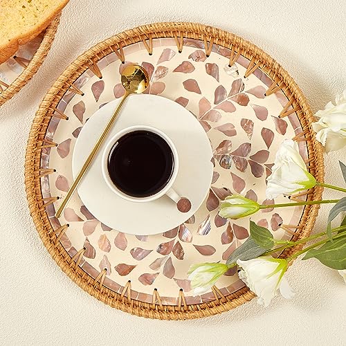 Kmelep Round Rattan Tray with Mother of Pearl Inlay, Rattan Serving Tray with Wooden Base, Decorative Wicker Basket for Table Decor, Storage and Display of Coffee Bread Food Fruit (Wicker) - color: Wicker, size: 11.8"