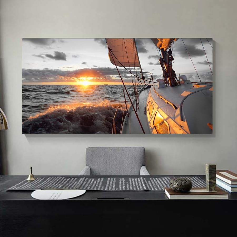 Yxbhhym Coastal Wall Art Black and White Sunset Boat Beach Painting Large Pictures Living Room Wall Art Bedroom Ocean Decor sailboat Canvas Prints Sailing Poster Office Artwork Framed Home Decor - color: AboaS, size: 48"L x 24"W