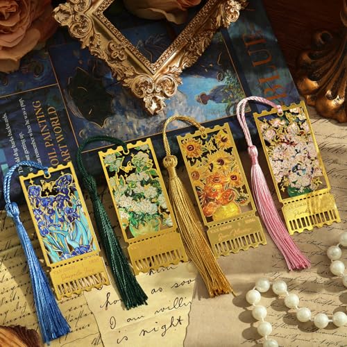 4 Pieces Metal Bookmarks with Tassel, Golden Hollow Bookmark Monet Oil Painting Theme Book Mark Bookmarks for Book Lovers Writers Readers Children Teens for Women Teen Adults - style: 4Pcs Stamp