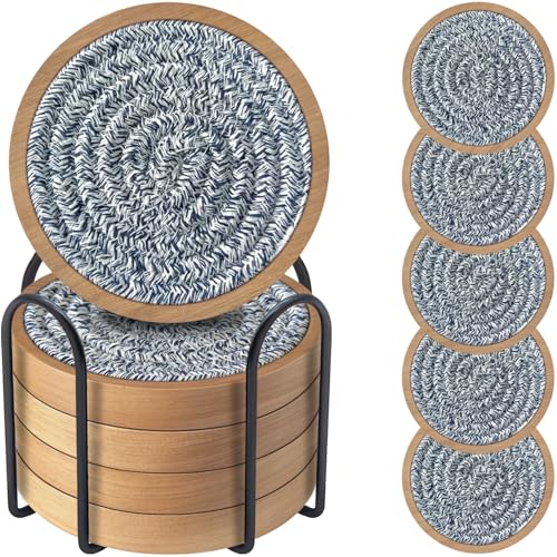 Wood Coasters for Drinks, Eykao Absorbent Coaster Sets of 5, Woven Drink Coasters for Coffee Table, Housewarming Gift for Farmhouse Home Decor,4 inches - color: Mixed Blue (With Holder)