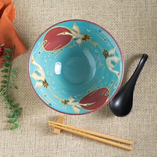 Urban Tokyo 24oz Large Ceramic Ramen Bowl Set with Chopsticks, Spoon & Bamboo Rest – Oriental Japanese Design, Microwave & Dishwasher Safe (Moon Crane) - color: Moon Crane