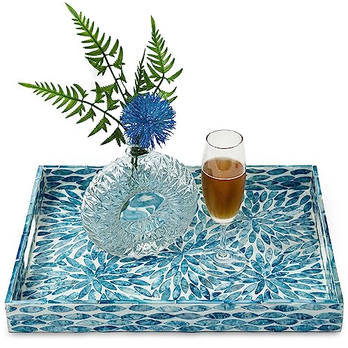 Serving Tray 15.7" X11.8", Lacquer Mother of Pearl Inlay Mosaic Tray, Rectangle Wooden Marble Tray with Handles Trays for Tea, Breakfast in Bed, Table (Flower Style) - color: Flower Style