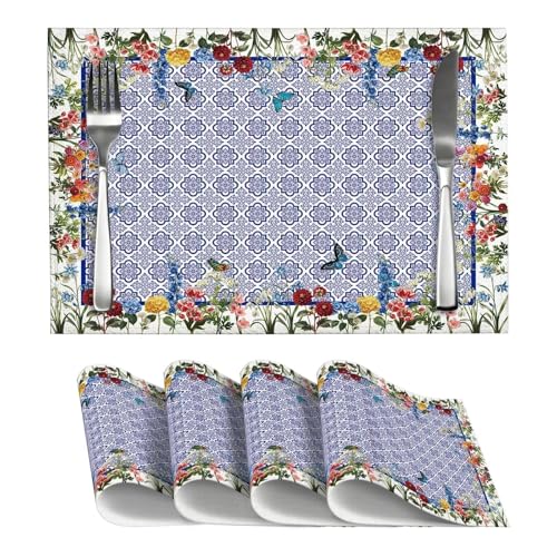 Chinoiserie Blue Floral Placemats Set of 4, Vintage Washable Heat Resistant Linen Fabric Rectangle Place Mat, Spring Summer Seasonal Table Mats for Kitchen Party Dining Table Decoration - color: Blue Flower