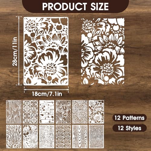 12Pcs Mixed Media Stencils for Crafts, Reusable Stencils for Painting, Wood Grains Flower Texture Templates Geometric Layering Spray Paint Stencils Kit on Wall Canvas Cake Card DIY Art (11×7'') - size: 2.0