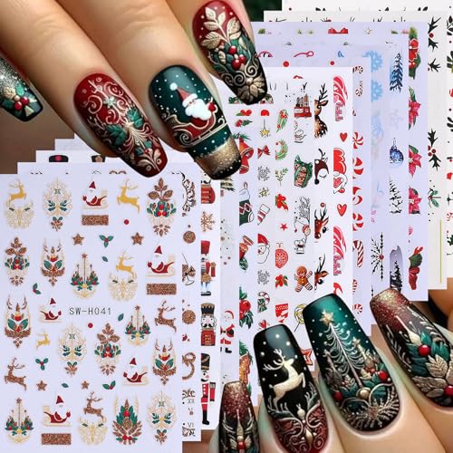 Christmas Nail Art Stickers Decals 16PCS 3D Self-Adhesive New Year Sticker for Nail Art Santa Claus Tree Elk Snowman Gonks Red Designs DIY Xmas Winter Decor Nail Art Supplies for Women - style: Christmas