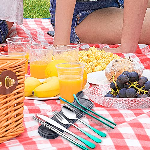 Travel Utensils Set with Case Reusable Portable Cutlery Set Stainless Steel 8pcs Including Dinner Knife Fork Spoon Chopsticks straws(Gradient Green) - color: Gradient Green