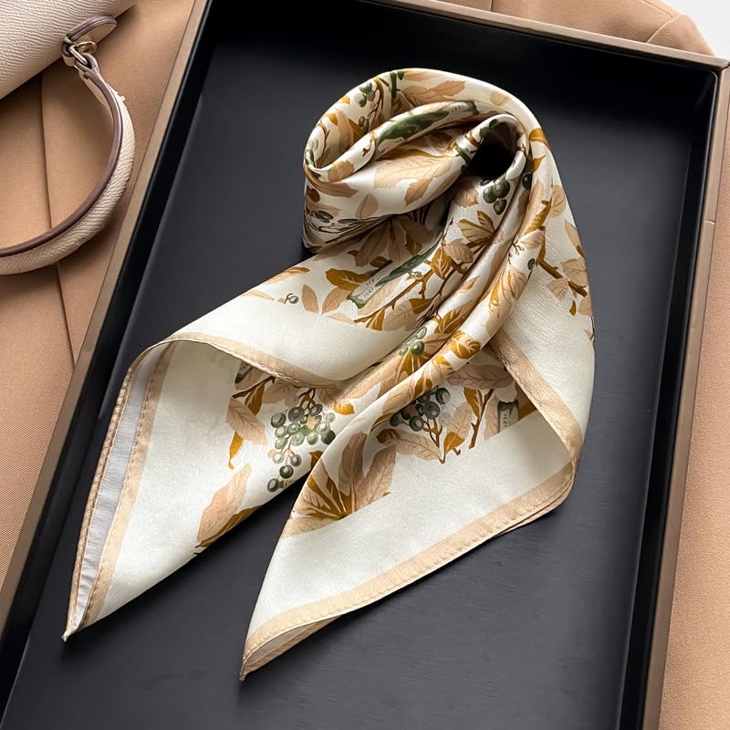 100% Pure Mulberry Silk Scarf 21" Women Square Scarf Neckerchief Headscarf - color: M3 White Khaki Floral