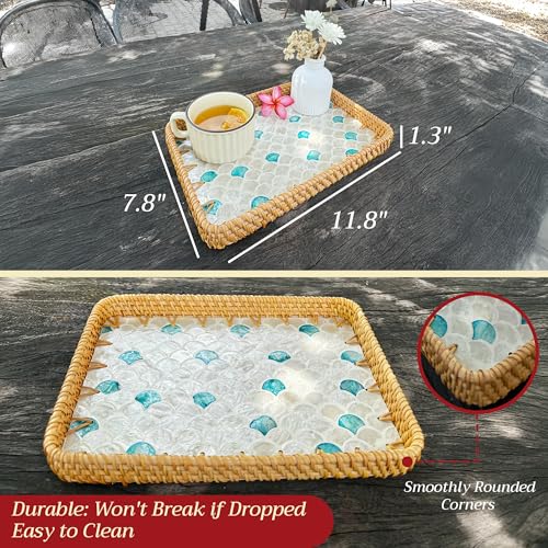 Rattan Rectangle Tray with Mother of Pearl Inlay – Unique Decorative Rattan Serving Tray for Coffee Table, Bathroom Vanity, Perfume & Nightstand – Ideals for Housewarming (Fin 11.8") - color: Fin 11.8"