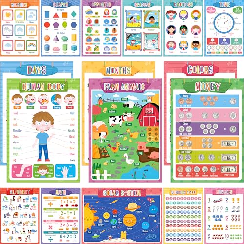 17 Educational Posters for Kids, All-in-One Set Learning Posters-Alphabet, Animals, Numbers, Colors, USA & World Map, Shapes, PET Film Coated School Supplies For Kindergarten, Preschool, Classroom - color: 17 Educational Posters-B