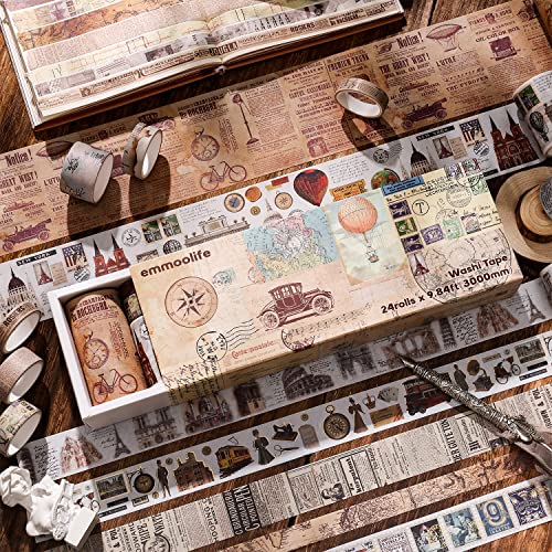 24 Rolls Vintage Washi Tape Set, Antique Car Buildings Map Stamp Stripe Writable Aesthetic Washy Decorative Tapes for Scrapbooking, Junk Journal Supplies, Bullet Journaling 5-75mm Wide (3m Long)/Roll - style: Retro Memory