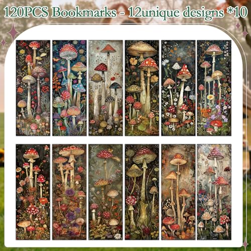 Mushroom Garden Bookmarks Gifts - 120 Pcs Whimsical Flower Bookmark Paper Double-Sided Reading Page Markers Clips Book Mark for Women Men Office Home Book Lovers Bookworm Party Supplies - color: Mushroom Garden