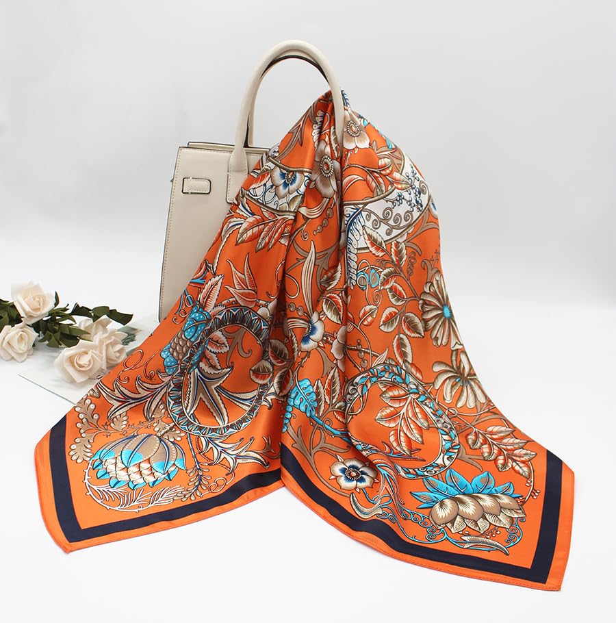 ANDANTINO 100% Mulberry Silk Scarf -Women 35" Square Hair Wraps-Gift Packed - color: Floral-orange