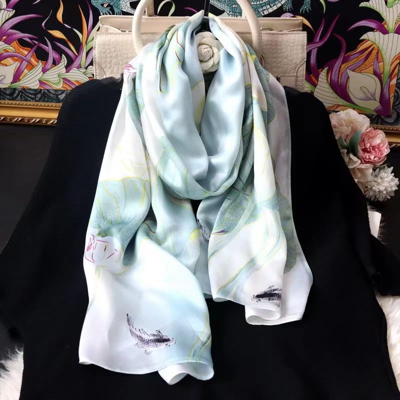 ANDANTINO 100% Silk Long Scarf-Women Large Oblong Shawls with Gift Packed - color: Light Green&white Lotus