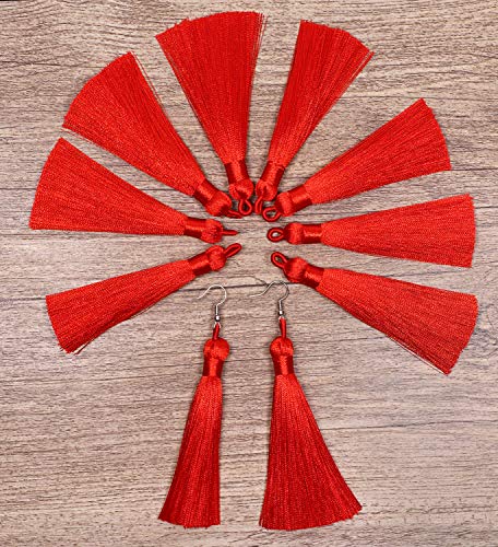 Tupalizy 10PCS Handmade Soft Silky Tassels with Hanging Loop for Bookmarks Keychains Earring Bracelets Jewelry Making Souvenir Graduation Clothing Sewing Gift Tag Art DIY Craft Projects (Red) - color: Red
