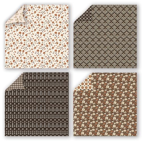 Gingham Scrapbook Paper 12x12 Coffee,24 Sheets Double-Sided Bohemian Floral Patterned CardStock Paper Pad Boho Tone Decorative Craft Papers for Holiday Cardmaking DIY Origami Papers. - color: PAD2121