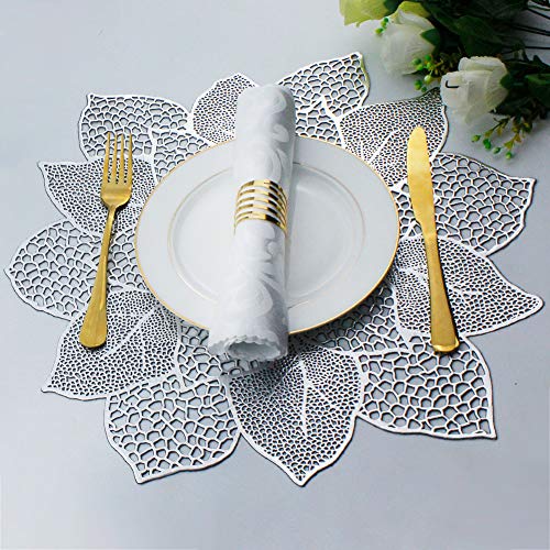 Silver Round Placemats for Dining Table Set of 6 Vinyl Metallic Table Mats - color: A5/Hibiscus/Silver
