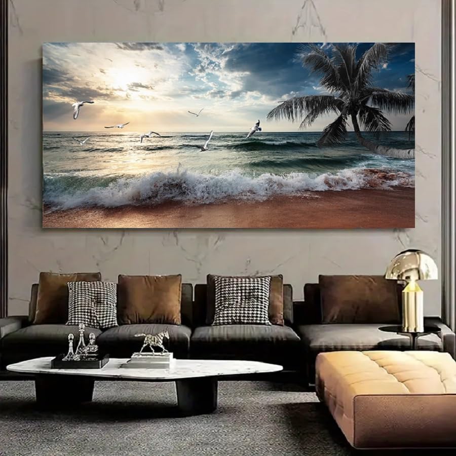 Yxbhhym Beach Wall Art Picture for Living Room Ocean Sunset Canvas Wall Decor Paintings Sea Poster Seascape Print Art Palm Artwork for Wall Art Bedroom Office Decoration Framed- 20x40inches - color: Beach Wall Art, size: 40"L x 20"W