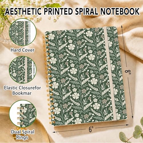 Green Floral Lined Spiral Notebook, Pretty Hardcover Journal 6'' x 8.4'', Botanical Notebook for Women, Work, Writing, Journaling Gift - color: green sage