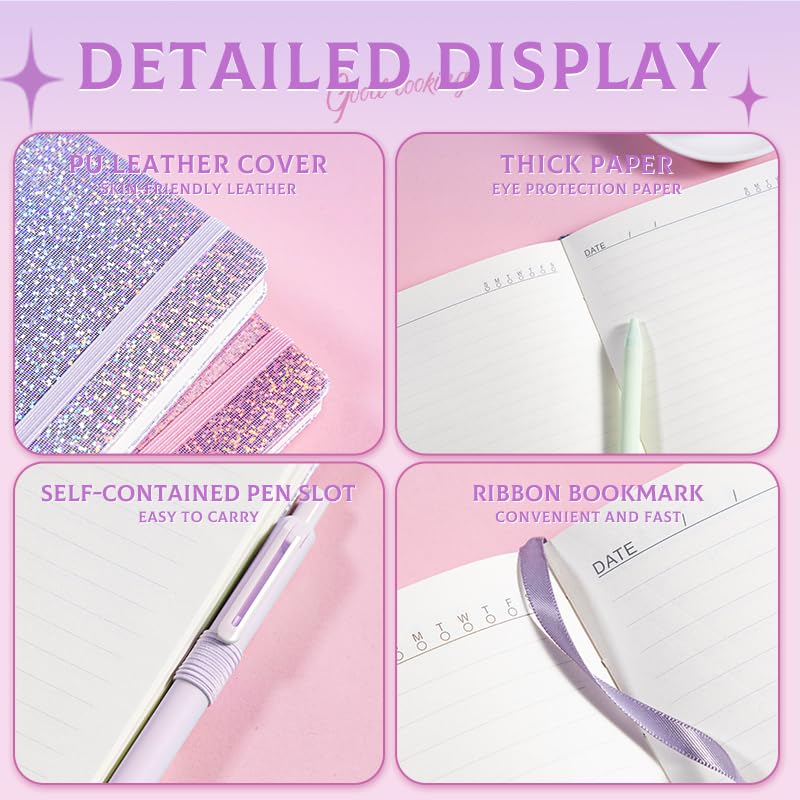 Bling A5 Lined Journal Notebook with Pen for Girls Women, Purple - color: Purple