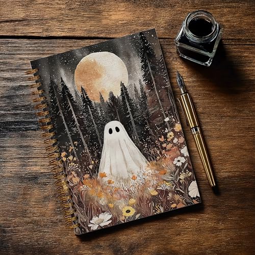 Notebook Journal for Women - A5 Spiral Notebook with Ghost in forest Design, Vintage Dark Romantic Ghost Wildflowers, Gothic Office & School Supplies, Unique Gifts for Women Birthday, Christmas (Wildflowers&Ghost) - color: Wildflowers&Ghost