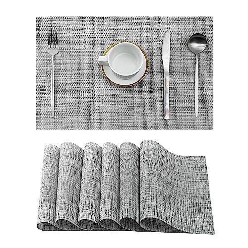 Leetaltree Linen Grey Placemats Set of 6 - Heat Resistant Non-Slip Place mats for Dining Table, Washable Durable PVC Vinyl Woven Table Mats（Linen Grey, 6） - color: C1- Linen Grey, size: Set of 6