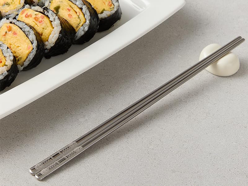 Korean Glossy Silver Metal Chopsticks, 2 Pairs, Dancheong Engraved - color: Glossy Silver