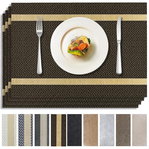 Brown Placemats Set of 4, Rustic Washable PVC Vinyl Woven for Dining Table, Stain Resistant Flat Pack No Curled Edges, Heat Resistant Non Slip, 17 x 12 Inch - color: Brown