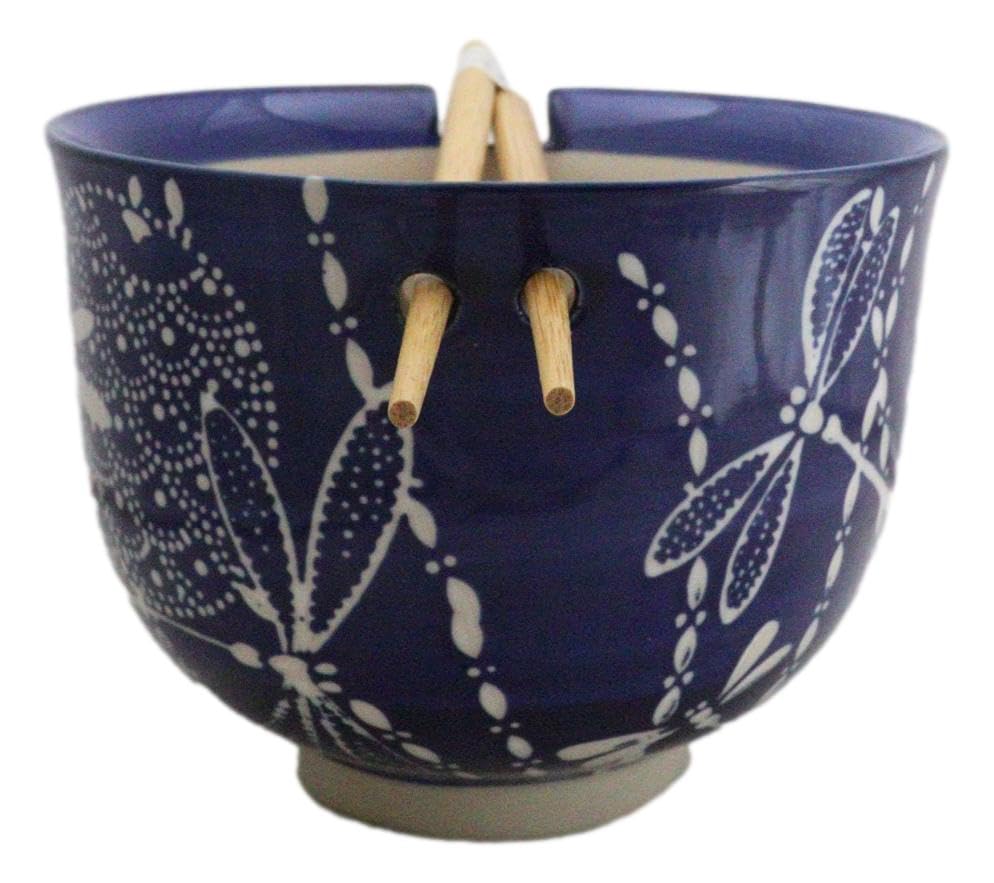 Ebros Gift Artistic Donburi Ramen Udon Noodles Soup Salad 5" D 18Oz Bowl With Bamboo Chopsticks And Built In Rest Set Asian Dining Kitchen Accent (Blue Tombo Dragonfly) - color: Blue Tombo Dragonfly