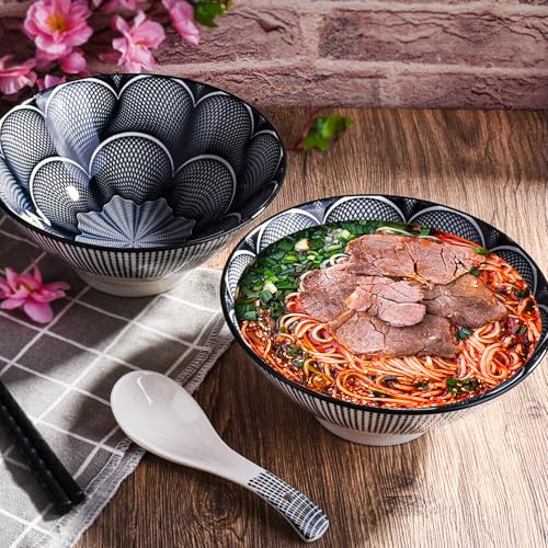Ceramic Ramen Bowl Set of 2, 7'' Large Soup Bowls, Black